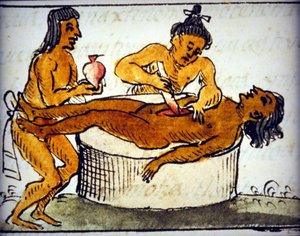 मानव बलिदान: एज़्टेक के बीच अनुष्ठान बलिदान। बर्नार्डिनो डी सहगुन की एक पांडुलिपि से द्वारा बर्नार्डिनो डी सहगुन