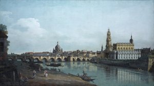 अगस्त्स ब्रिज, 1748 के नीचे, एल्बे के राइट बैंक से देखा गया ड्रेसडेन