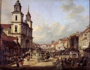1778 में वारसॉ में नोविस्वाट स्ट्रीट से क्राकोव्स्की स्ट्रीट का दृश्य बर्नार्डो बेलोट्टो द्वारा पेंटिंग (1720-1780) 1778 वारसॉ, राष्ट्रीय संग्रहालय द्वारा बर्नार्डो बेलोट्टो (कैनेलेटो)