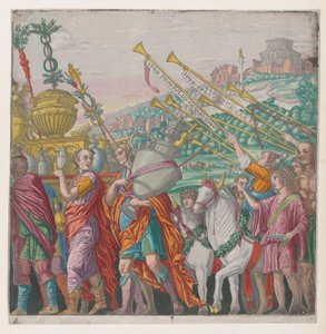शीट 4: द ट्राइंफ ऑफ जूलियस सीए..., 1599 से बाईं ओर ट्रॉफ़ी ले जाने वाले पुरुष, दाईं ओर ट्रम्पेटर्स।