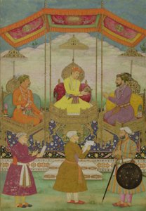 मुगल सम्राट अकबर (c.1605) (केंद्र) अपने बेटे जहांगीर से अपने पोते शाहजहाँ (1627-1658) c.1630 को प्रतीकात्मक रूप से क्राउन पास करना द्वारा Bichtir