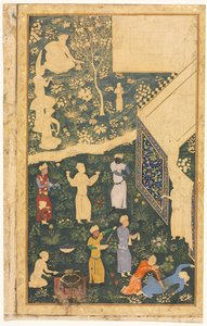 संगीतकारों और नौकरों ने एक रॉयल एग्जीबिशन रेक्टो के बाहर, सी। 1485। द्वारा Bihzad