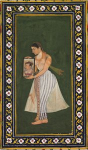 नूरजहाँ, सम्राट जहाँगीर का चित्र पकड़े हुए, सी। 1627। द्वारा बिशांडस