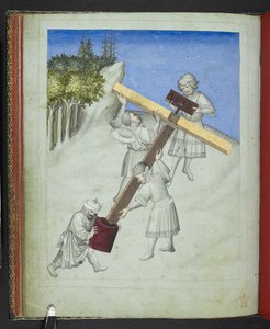 24189 जोड़ें, f.11v, चार अलग-अलग प्रकार की लकड़ी से बने, अलग-अलग रंगों में चित्रित, क्राइस्ट के क्रॉस का संयोजन, #39;सर जॉन मैंडविले की यात्रा की पिक्चर बुक#39; से, c.1410 (वेल्लम) द्वारा बोहेमियन स्कूल