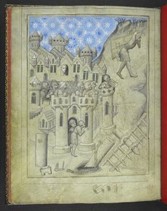 24189 जोड़ें। f.16v, सैमसन गाजा के द्वारों को ले जा रहा है, बख्तरबंद सैनिकों द्वारा शहर की दीवारों से देखा जा रहा है और एक खिड़की पर, डेलिलाह, #39;सर जॉन मैंडविले की यात्राओं की पिक्चर बुक#39; से, c.1410 (वेल्लम) द्वारा बोहेमियन स्कूल
