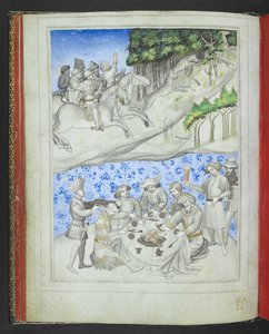 24189 जोड़ें, f.5v, साइप्रस में मनोरंजन, ऊपर, तेंदुए का उपयोग करके एक हिरण का शिकार और नीचे, एक दावत, #39;सर जॉन मैंडविले की यात्रा की पिक्चर बुक#39; से, c.1410 (वेल्लम)