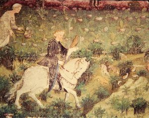 सितंबर का महीना, बाज़ के साथ सवार का विवरण, c.1400 (फ्रेस्को) द्वारा बोहेमियन स्कूल