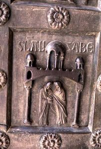 Porta di S. Ranieri . पर मुलाक़ात को दर्शाने वाला पैनल द्वारा बोनास ऑफ पीसा