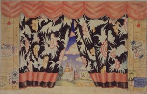 थिएटर के लिए पर्दे का स्केच ई। ज़मायटिन द्वारा पिस्सू, 1925-1926 द्वारा बोरिस मिखाइलोविच कुस्तोडीव