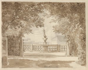 पलाज्जो बारबेरिनी के बगीचे से महल और क्विरिनले, रोम की ओर का दृश्य द्वारा क्रिस्टोफर विल्हेम एकर्सबर्ग