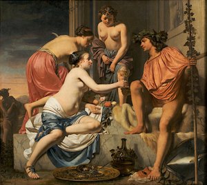 Bacchus on a Throne - Bacchus शराब और फल की पेशकश करने वाले अप्सरा