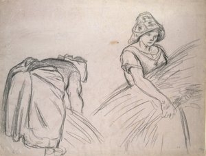 दो महिला हार्वेस्टर का अध्ययन, 1882 (सफेद के साथ गुलाबी कागज पर काला चाक) द्वारा केमिली जैकब पिसारो