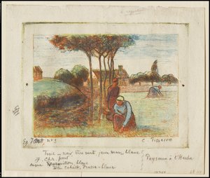किसान महिलाएं घास की बुनाई, c.1894 (नक़्क़ाशीदार कागज पर नीले, लाल, पीले और काले रंग में मुद्रित नक़्क़ाशी) द्वारा केमिली जैकब पिसारो