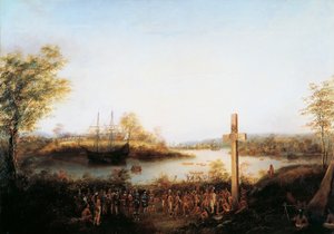 जैक्स कार्टियर (1491-1557) स्टैडाकोना में क्रॉस खड़ा करता है जहां क्यूबेक शहर अब खड़ा है