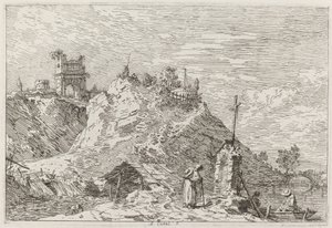 प्रार्थना में तीर्थयात्री के साथ लैंडस्केप [ऊपरी बाएँ], c. 17351746. द्वारा कानालेत्तो