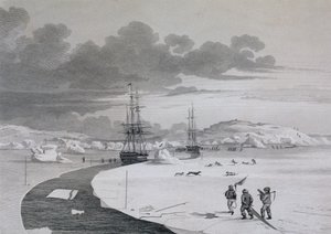 विंटर एटलांटिक में कटिंग, अक्टूबर 1821, जर्नल ऑफ़ अ सेकंड वॉयज ऑफ़ द डिस्कवरी फॉर द नॉर्थ वेस्ट पैसेज ऑफ़ द अटलांटिक से द पैसिफिक में 1821-22-23 के वर्षों में प्रदर्शन