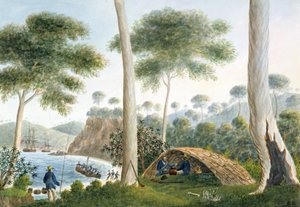 एडवेंचर बे के नेटिव हट (या विगगम), वैन डायमेंस लैंड, 1792 द्वारा कैप्टन जॉर्ज टोबिन