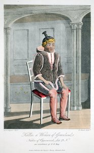 कल्ली, ग्रीनलैंड की एक महिला, नेटिव ऑफ ऑपर्निविक, &39;ए वॉयज ऑफ डिस्कवरी ...&39; से चित्रण, 1819 (हाथ से उकेरी गई नक्काशी) द्वारा कैप्टन होपनर