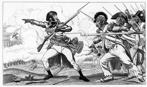 20 सितंबर, 1792 को वाल्मी की लड़ाई में सबोट्स में स्वयंसेवक, एस। क्राको द्वारा उत्कीर्ण लुई ब्लैंक द्वारा &39;हिस्टोइरेस डे ला रिवॉल्यूशन फ्रैंकोइस&39; का चित्रण। द्वारा कारन डी अचे
