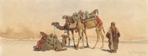 1859 में रेगिस्तान में तीन ऊंटों के साथ आराम करते हुए