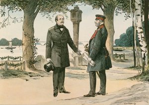 विल्हेम प्रथम, प्रशिया के राजा और पहले जर्मन सम्राट (1797-1888), और ओटो वॉन बिस्मार्क, जर्मन राजनेता (1815-1898), 1862 में बेबेल्सबर्ग में