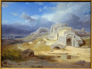 सिरैक्यूज़ में आर्किमिडीज़ का मकबरा। कार्ल रॉटमैन द्वारा पेंटिंग (1798 - 1850) ईसी। सभी।