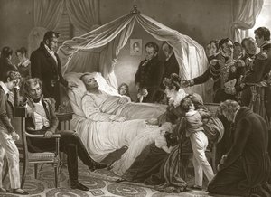 नेपोलियन अपनी मृत्युशय्या पर, 5 मई 1821, पब। उत्कीर्णन।