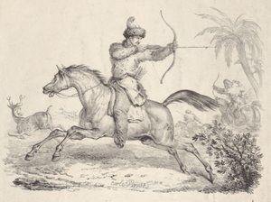 घोड़े की पीठ पर शिकार करने वाले हिरण, 1821-36। द्वारा कारल वर्नेट
