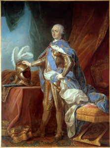 लुई XV (1710-1774) के पैर में पोर्ट्रेट, कवच में, हाथ को पतवार पर रखा गया। कार्ले वैन लू (1705-1765) द्वारा पेंटिंग, कैनवास पर तेल (271 x 193 सेमी) द्वारा कारल वैन लू