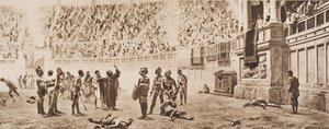 1920 में प्रकाशित एचजी वेल्स, वॉल्यूम II द्वारा &39;द आउटलाइन ऑफ हिस्ट्री&39; से दृष्टांत, ग्लैडीएटोरियल कॉम्बैट को रोकने का प्रयास करने वाले भिक्षु अल्माशियस द्वारा कार्लो Ademollo