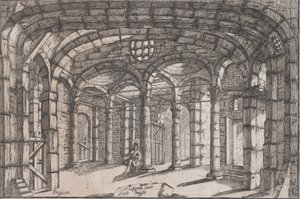 एक जेल का इंटीरियर जिसमें एक महिला बैठी है, सीए 1680-1710।