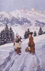 टूर डी'ई (कलर लिथो) के पास बर्फ में चलती दो महिलाएं द्वारा कार्लो पेलेग्रिनी