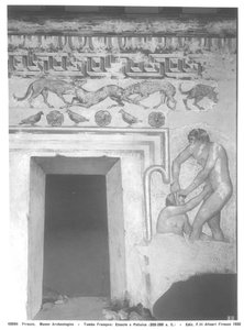 Marce Camitlnas और Cneve Tarchunies Rumach, C.320-280 BC (वाल पेंटिंग) के वल्सी में फ्रेंकोइस मकबरे में Etruscan वाल पेंटिंग का पुनर्निर्माण (देखें 212368, 212090, 214591