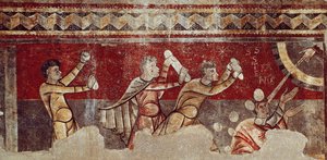 द स्टोनिंग ऑफ़ सेंट स्टीफ़न, c.1100 (फ्रेस्को को कैनवास पर स्थानांतरित किया गया) द्वारा कैटलन स्कूल