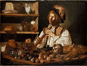 रिकॉर्डर पकड़े हुए एक युवक के साथ इंटीरियर, c1610- 1621 द्वारा सेको डेल कारवागियो