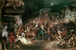 विक्टर ह्यूगो (1802-85) 1835 द्वारा &39;द हंचबैक ऑफ नोट्रे डेम&39; के अध्याय VI से चित्रण, चमत्कार की अदालत में चित्रण