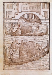 15 वीं शताब्दी में वेनिस के लैगून में गोंडोल, सेसारे वेसेलियो (1521-1601) 1590 वेनिस बिब्लियोटेका मार्सियाना द्वारा "प्राचीन और आधुनिक कपड़ों" से उत्कीर्णन द्वारा सेसारे (बाद) वेसेलियो