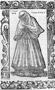 पुनर्जागरण: पोप पायस वी (1566-1572) के समय में एक शिष्टाचार। Cesare Vecellio . द्वारा "" आधुनिक और प्राचीन वेशभूषा "" से उत्कीर्णन द्वारा सेसरे (attr। To) वेसेलियो