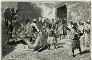कहानी के लेखक के कारवां से ऊंटों की लोडिंग, एटांगेर, बिसेओ द्वारा उत्कीर्ण, 1875 में एडमोंडो डी एमिसिस द्वारा ली मैरोक की कहानी को चित्रित करने के लिए, एडौर्ड चार्टन के निर्देशन में टूर डू मोंडे में प्रकाशित किया गया था।