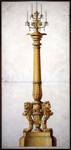 एक नव-शास्त्रीय कैंडेलब्रा के लिए डिज़ाइन, c.1820 (कागज पर पानी के रंग के साथ कलम और स्याही) द्वारा चार्ल्स (attr। To) Percier