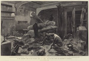 एचएमएस अलेक्जेंड्रा के कमांडर के केबिन में, अलेक्जेंड्रिया की बमबारी के दौरान फॉर्ट्स से एक शेल का प्रभाव