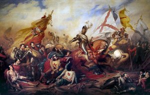 धर्म के युद्ध (1562-1598): "" 14/03/1590 को आइवरी की लड़ाई में फ्रांस के राजा हेनरी चतुर्थ (1553-1610)"" शाही सेना ने कैथोलिक लीग की सेना के खिलाफ जीत हासिल की। चार्ल्स डी स्टुबेन (१७८८-१८५६) द्वारा १९वीं सदी के सूर्य की पेंटिंग का विवर
