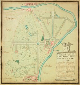 हैम्पटन कोर्ट पैलेस गार्डन एंड पार्क की एक सामान्य योजना, c.1713 (कागज पर पेन और स्याही और wc) द्वारा चार्ल्स ब्रिजमैन