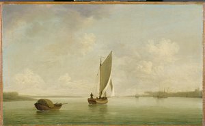 ए स्मैक अंडर सेल इन ए लाइट ब्रीज इन ए रिवर, c.1756-9 (कैनवस पर तेल) द्वारा चार्ल्स ब्रोकिंग