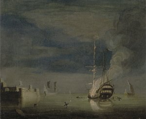 एक किले में रात को आग पर एक टू-डेकर, c.1740 (कैनवास पर तेल) द्वारा चार्ल्स ब्रोकिंग