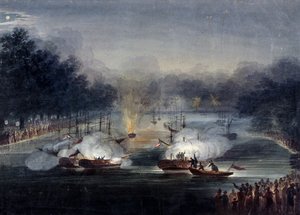 सर्पेन्टाइन, हाइड पार्क, लंदन, 1814 में एक दिखावटी लड़ाई का दृश्य द्वारा चार्ल्स कैलवर्ट