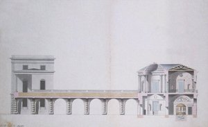 एजेट पवेलियन का क्रॉस-सेक्शन और Tsarskoye Selo में हैंगिंग गार्डन, c.1780 (कागज पर wc के साथ पेन und इंक) द्वारा चार्ल्स कैमरन