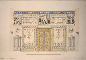 Tsarskoye Selo के महान महल में ल्यों हॉल येलो ड्राइंग-रूम के लिए डिजाइन, प्रारंभिक 1780 के दशक