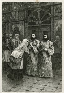 1861,1868 और 1874 में हेनरी बेले की ग्रीस यात्रा को चित्रित करने के लिए, एडौर्ड चार्टन के निर्देशन में, टूर डू मोंडे में प्रकाशित, पवित्र छवियों को चुंबन देते हुए प्रिट्रेस, Ch.Delort द्वारा उकेरा गया। द्वारा चार्ल्स एडोर्ड डेलॉर्ट