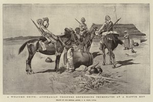 एक वेलकम ड्रिंक, ऑस्ट्रेलियाई ट्रूपर्स ने खुद को काफिर हट में ताज़ा किया द्वारा चार्ल्स एडविन फ्रैप